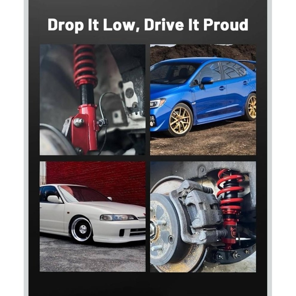 Adjustable Coilover Shock Strut Kit Set 4 Red 1-3in Drop Front Rear Suspension - Picture 8 of 10